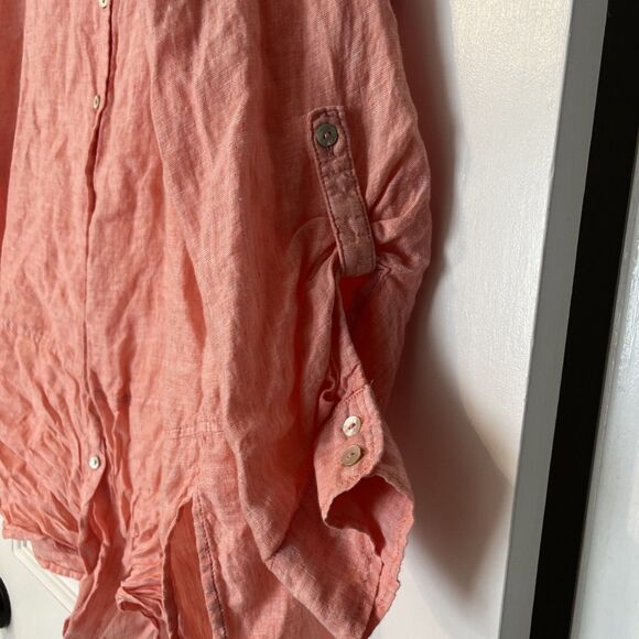 Tahari Linen Button Down Shirt Women 1X Long Pink Roll Tab Sleeve Cover Up Beach - Picture 4 of 6